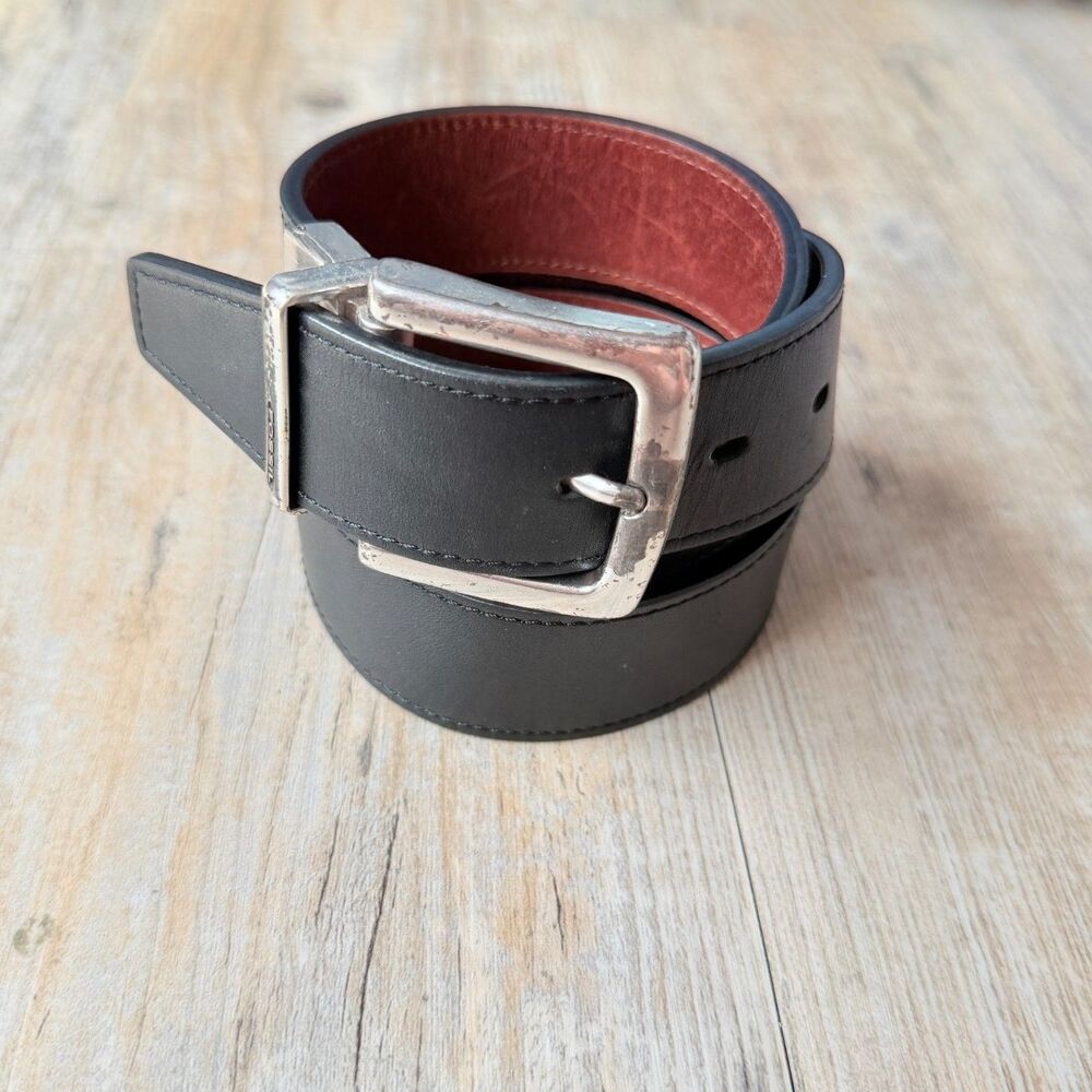 Fossil Reversible Leather Belt Size 30 Black Brown Silver Buckle Classic Y2K